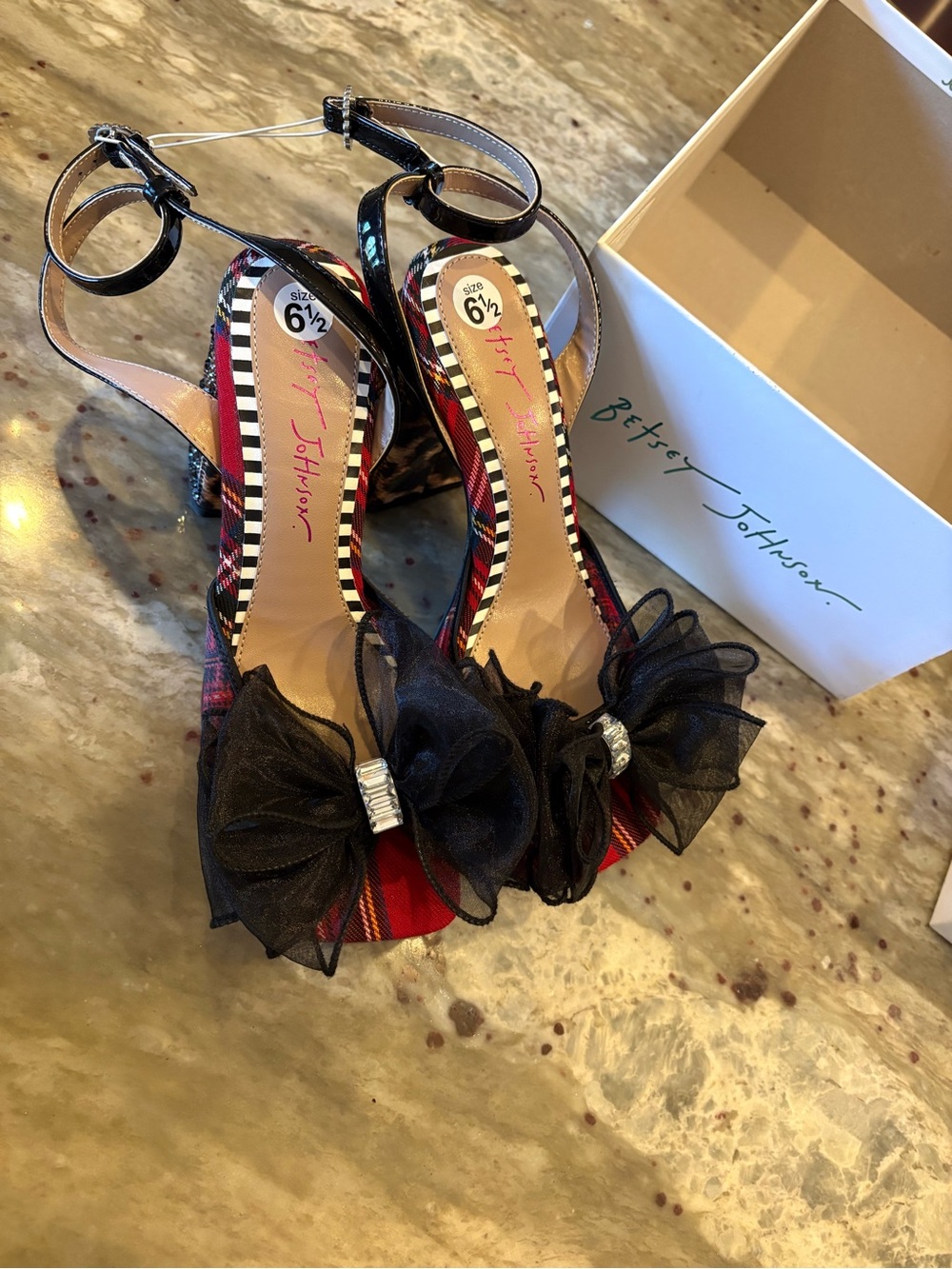 Betsey Johnson Red Plaid and Cheetah Peep-Toe Slingback Heels with Black Bow